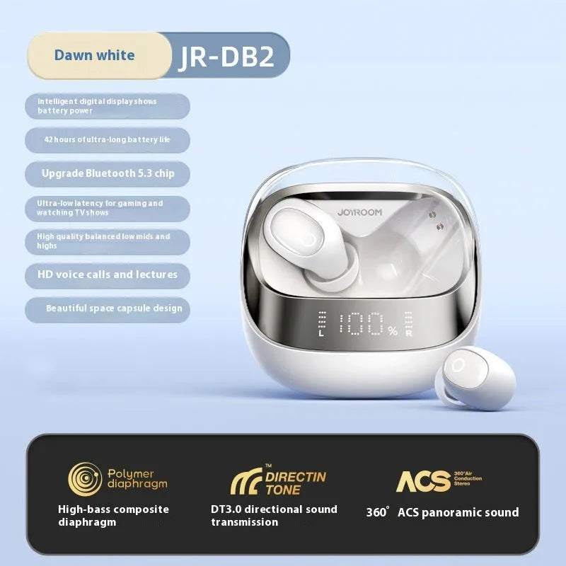 Dawn white wireless in-ear Bluetooth headphones with a matching charging case on a table.