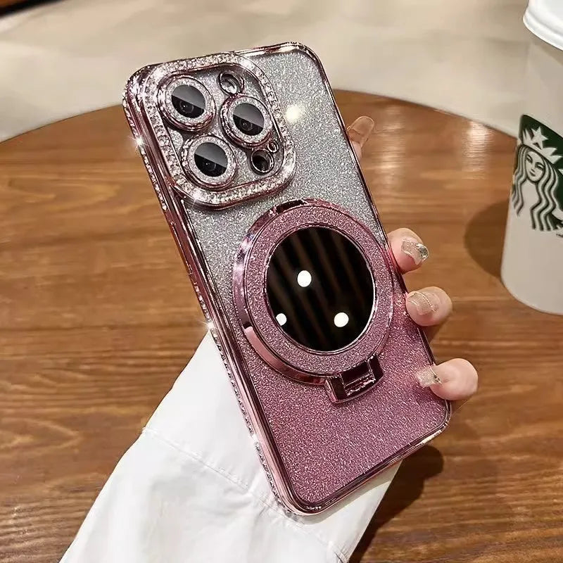 Glitter gradient iPhone case with built-in stand bracket in pink, blue, purple, silver, gold, and black colour options.