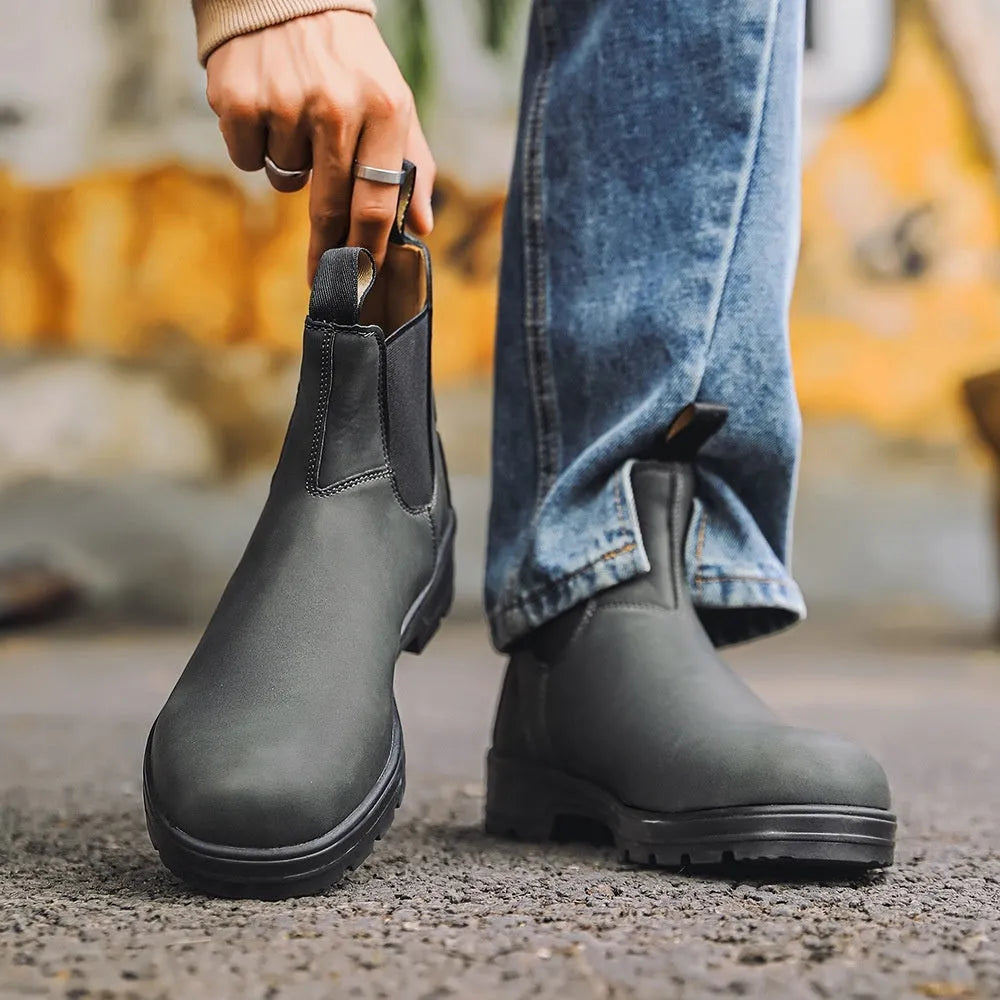 Brown vintage-style unisex Chelsea boots with a frosted finish and round toe.