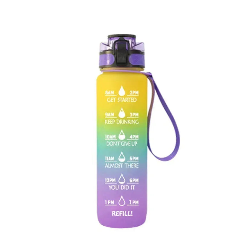 Clear 1000ml Tritan sports water bottle with infuser inside, showing measurement scale.