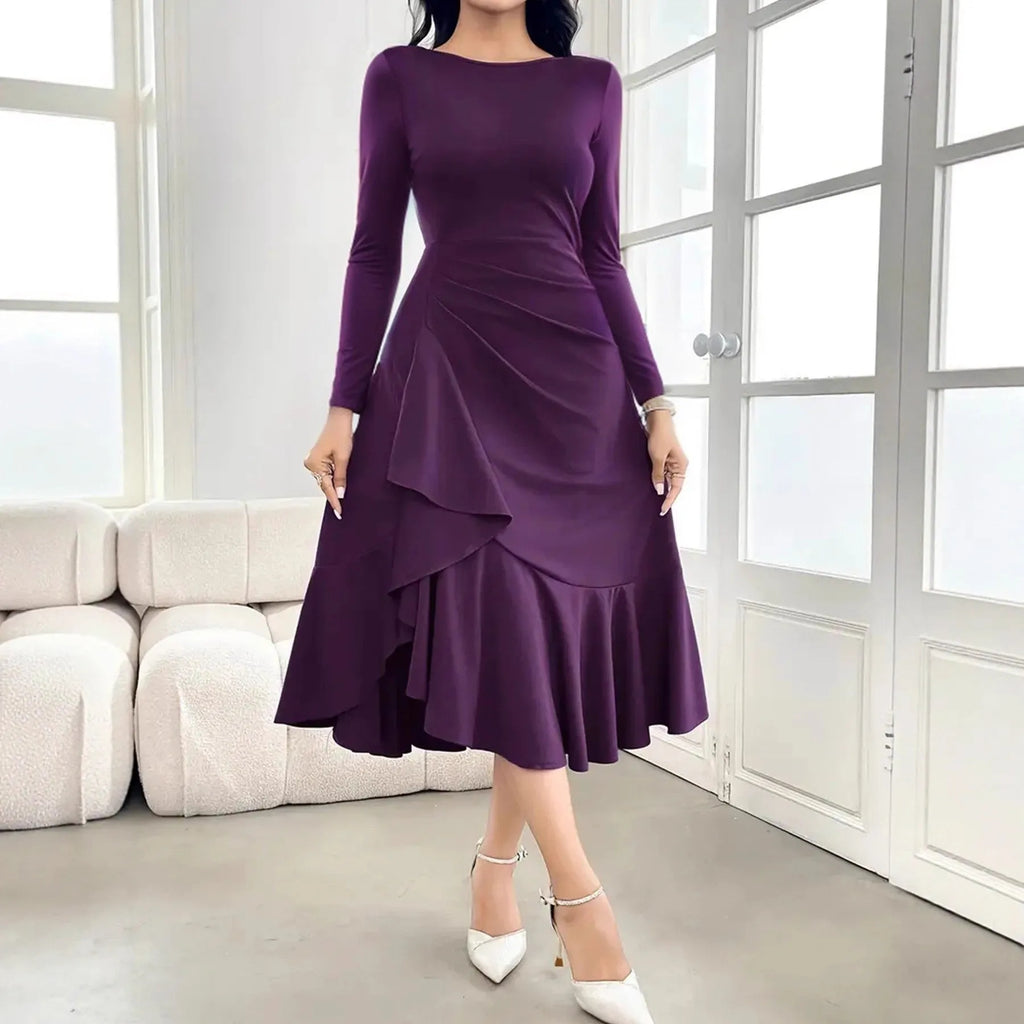 Purple women's long sleeve round neck dress with mid-waist and ruffled detailing.