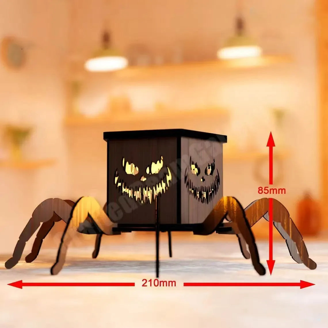Wooden Halloween spider lantern candlestick decoration measuring 21cm tall