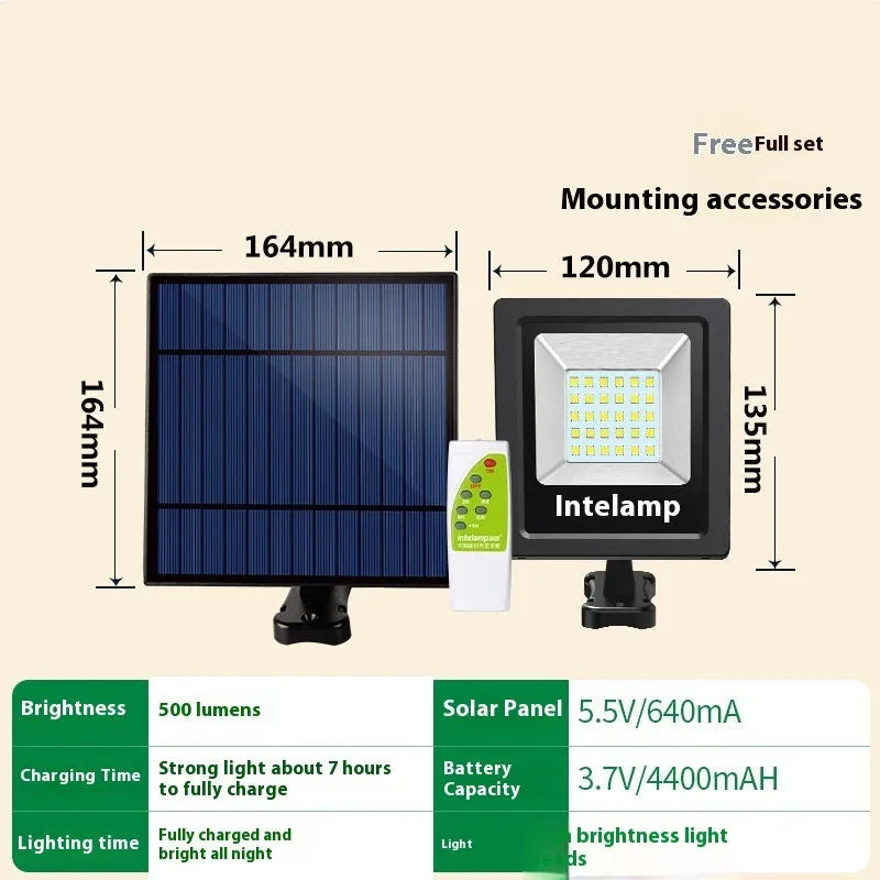 Outdoor solar-powered LED courtyard light with three brightness options and IP65 waterproof rating.