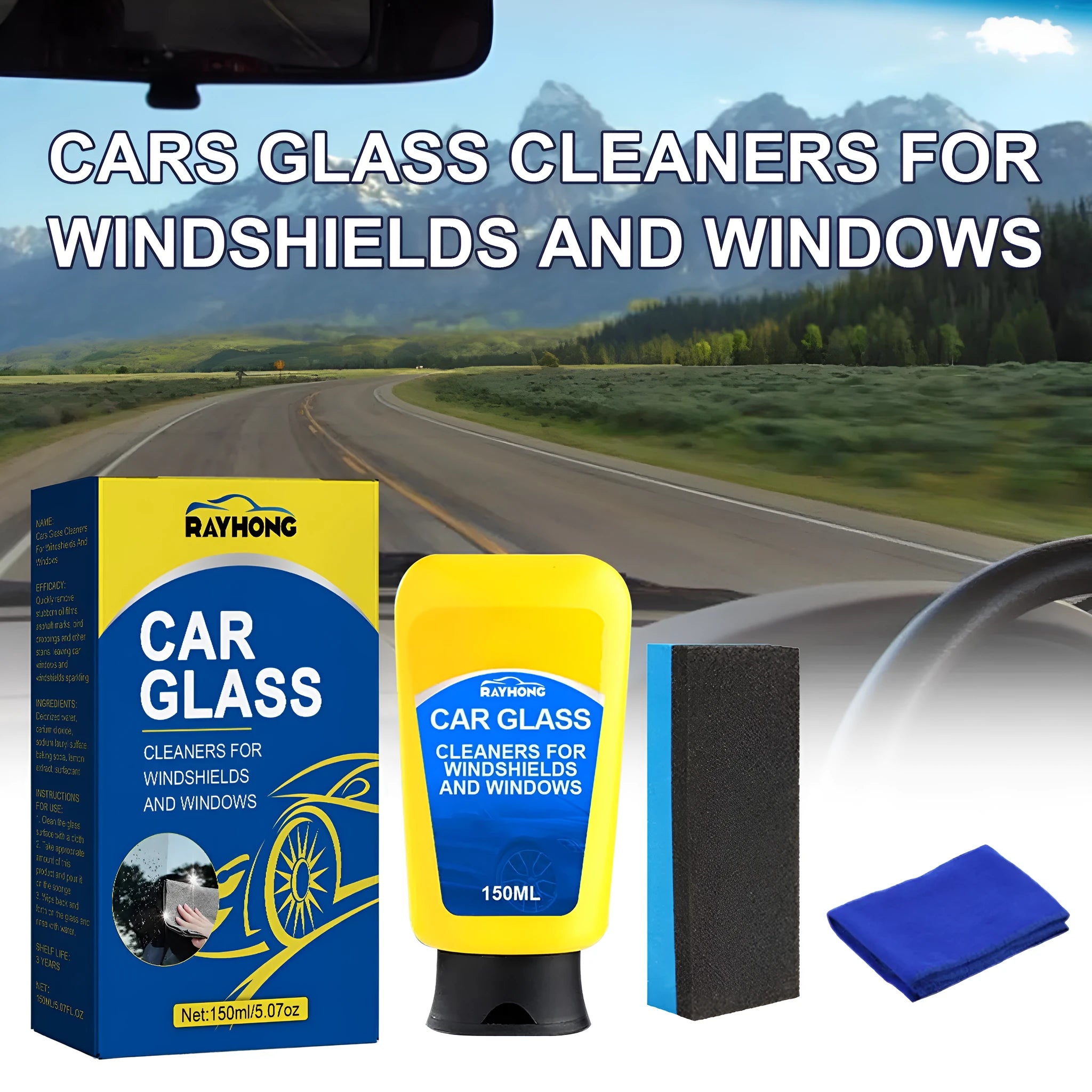 150ml windshield automotive detergent bottle with sponge and microfibre cloth for car glass cleaning