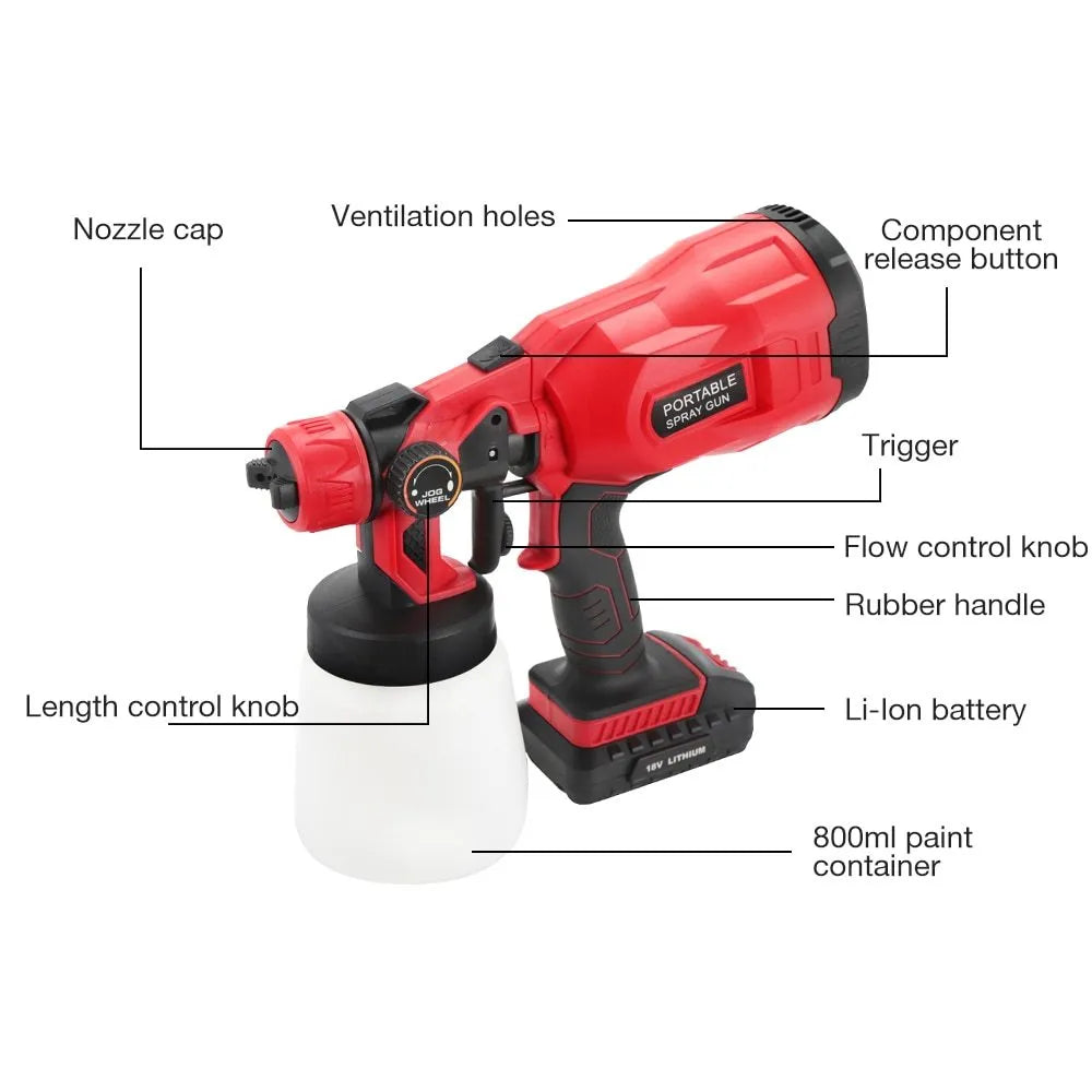 Blue cordless paint spraying machine with 800ml watering can and automatic spray gun nozzle