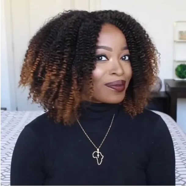 Short curly wig explosion head style long bang high temperature silk black brown gradient for ladies