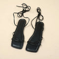 Women's flat sandals with ankle ring bandage detail and front lace-up closure in three colour options