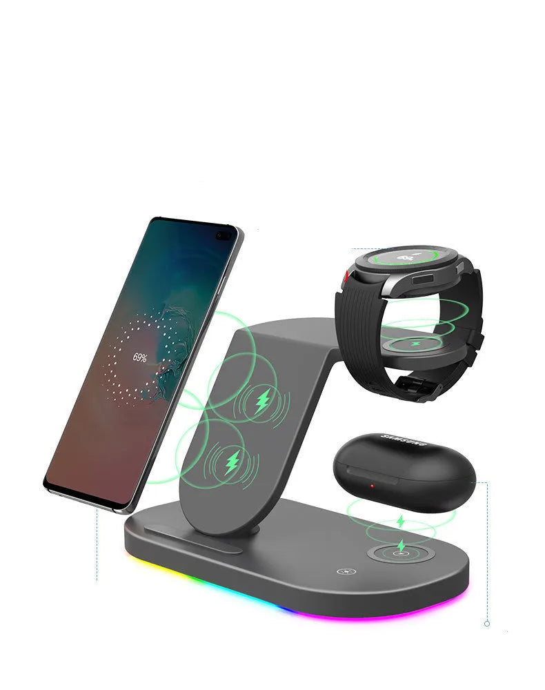 Three-in-one wireless charging station for mobile phones, watches and headphones in black or white
