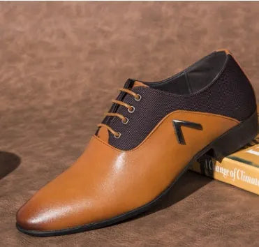 Men's black Oxford shoes with a low-profile artificial PU upper and rubber sole on a size chart.