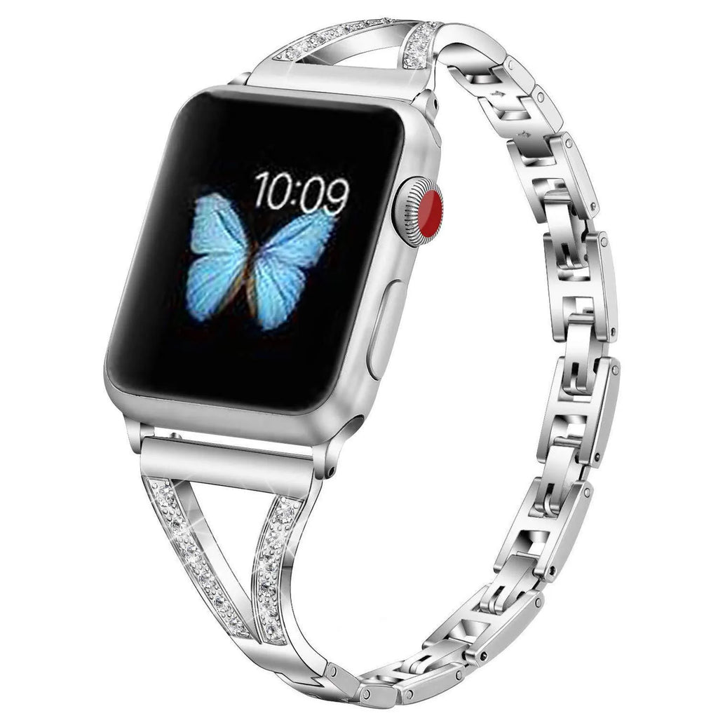 Zinc alloy herringbone diamond pattern Apple Watch strap in silver colour