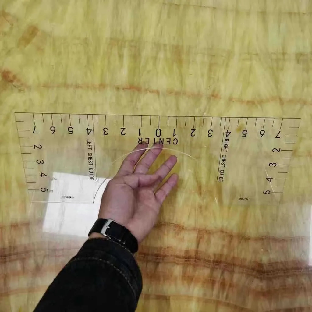 Clear acrylic sewing ruler patch measuring 10 by 6 inches for T-shirt alignment
