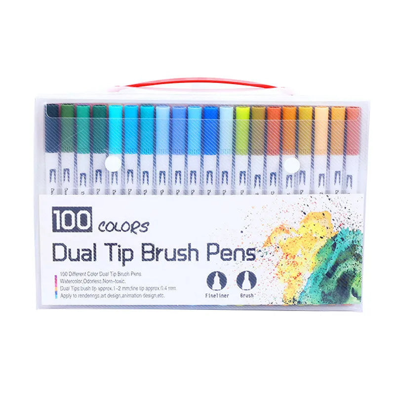 Set of watercolour pens in a case, showing multiple colour options including 100, 72, 60, and 48 count packs.