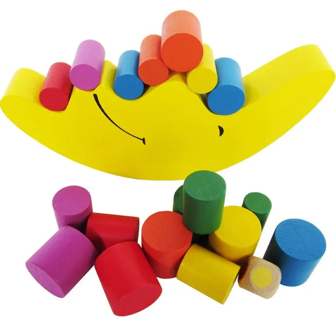 Wooden moon balance game toy in blue and yellow colours for children aged 2-4 years