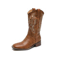 Brown women's embroidered mid-calf Martin boots with a square heel and leather lining.