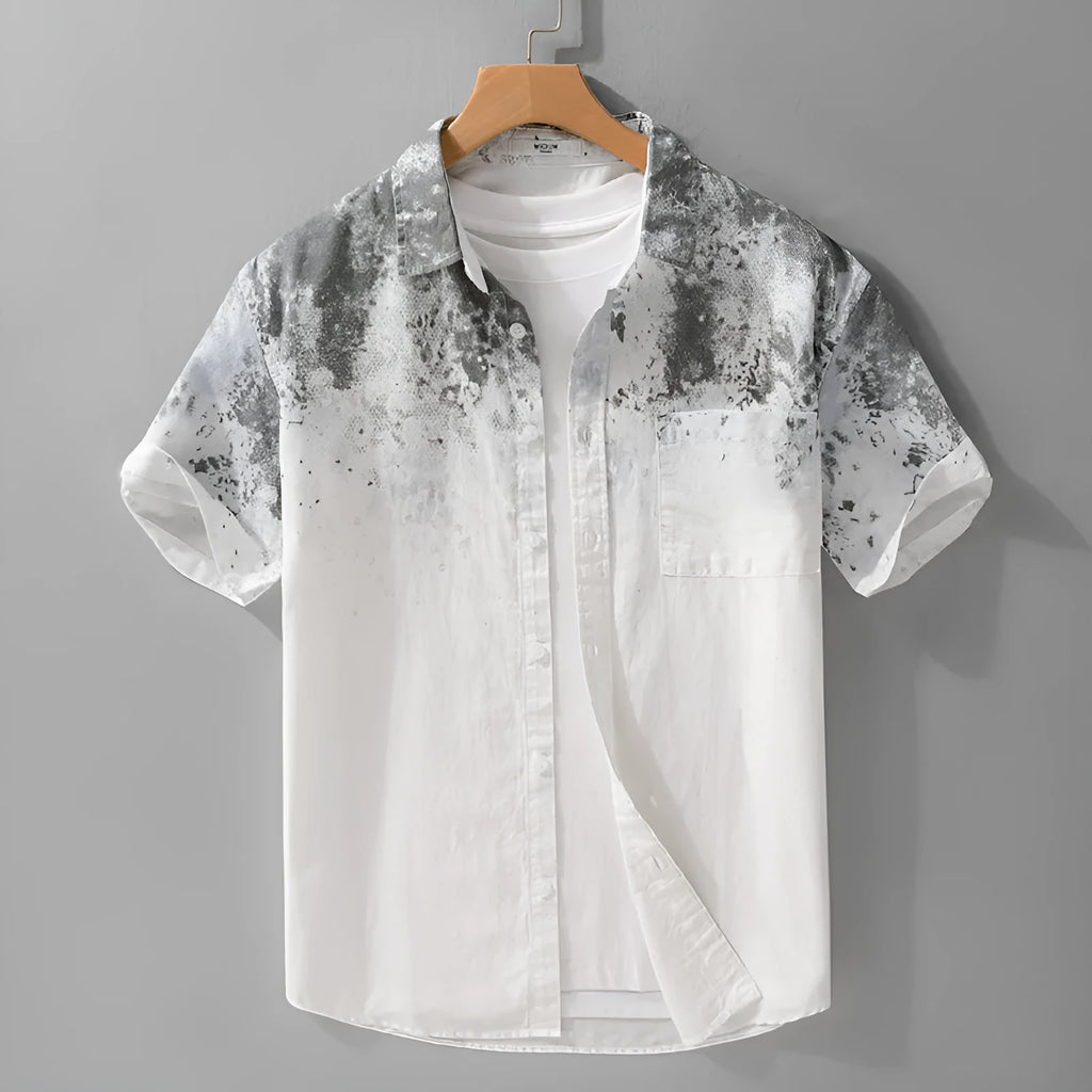 Men's loose-fit grey short-sleeved cotton shirt on a hanger