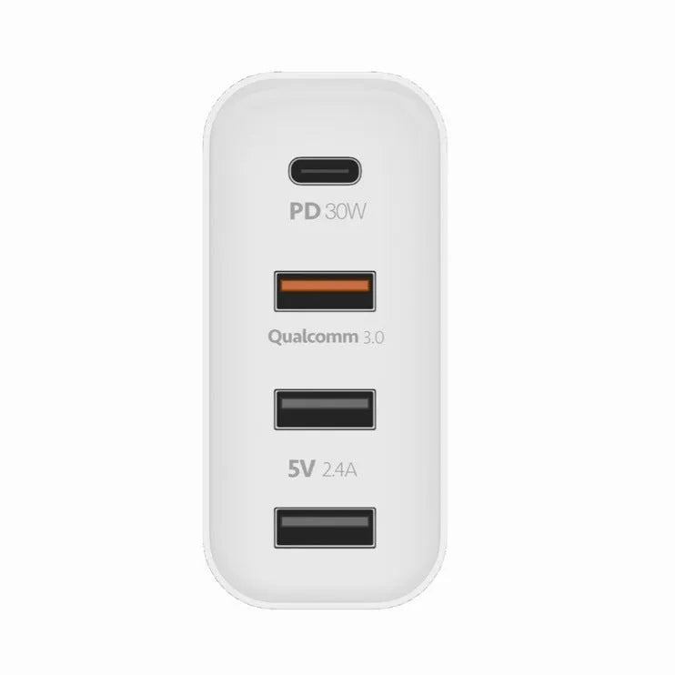 Black and white 48W four-port USB-C mobile phone wall charger with LED light.