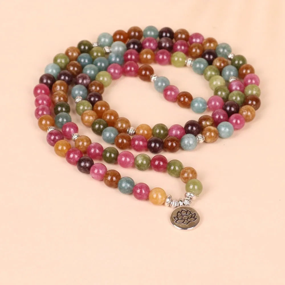 Multi-layer beaded bracelet with 108 tourmaline beads and lotus string design on alloy components