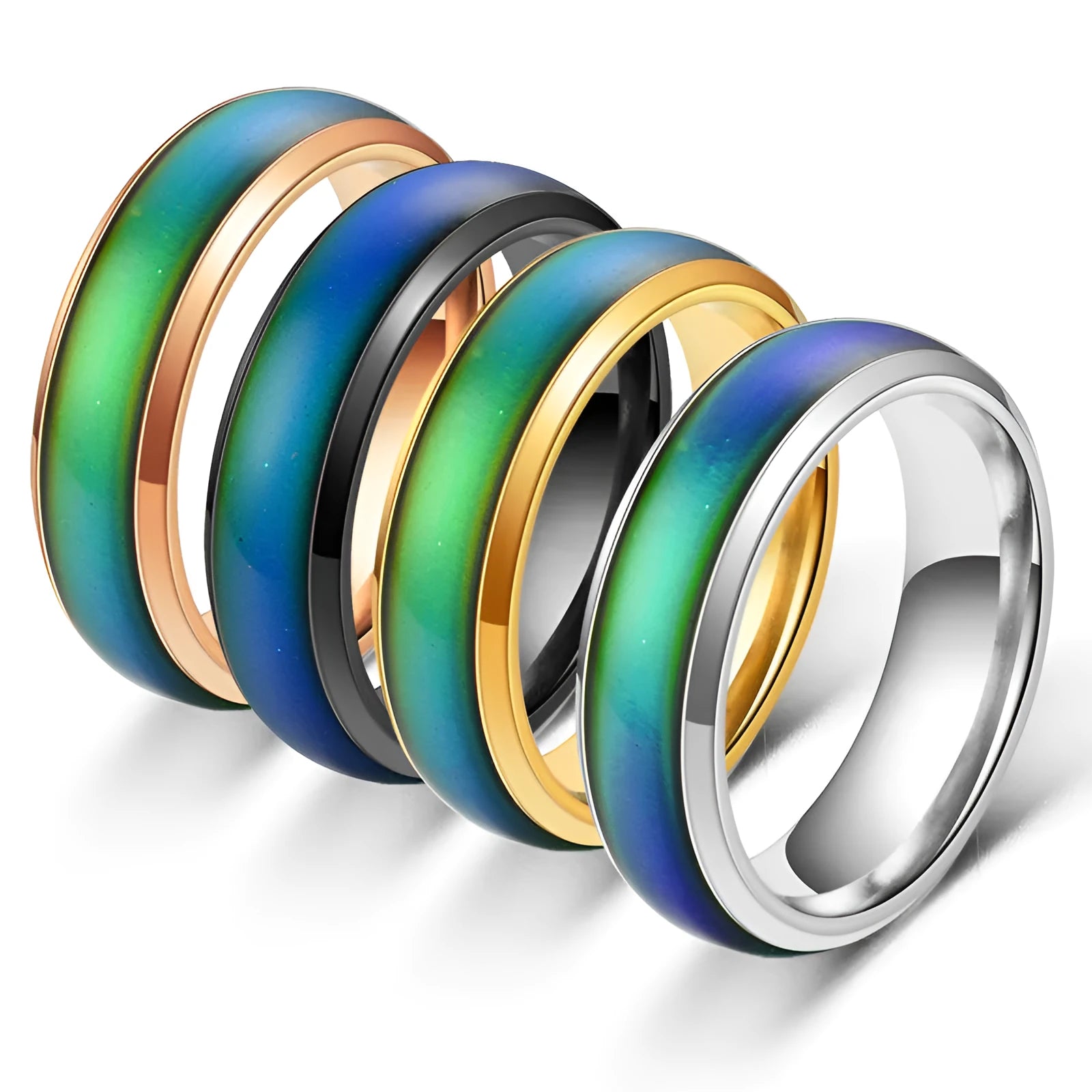 Colour changing mood ring in alloy with temperature-sensitive coating, available in black, gold, multicolor, rose gold, silver
