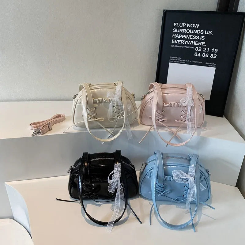 Women's bandage bow PU leather shoulder handbag with mobile phone pocket in milky white