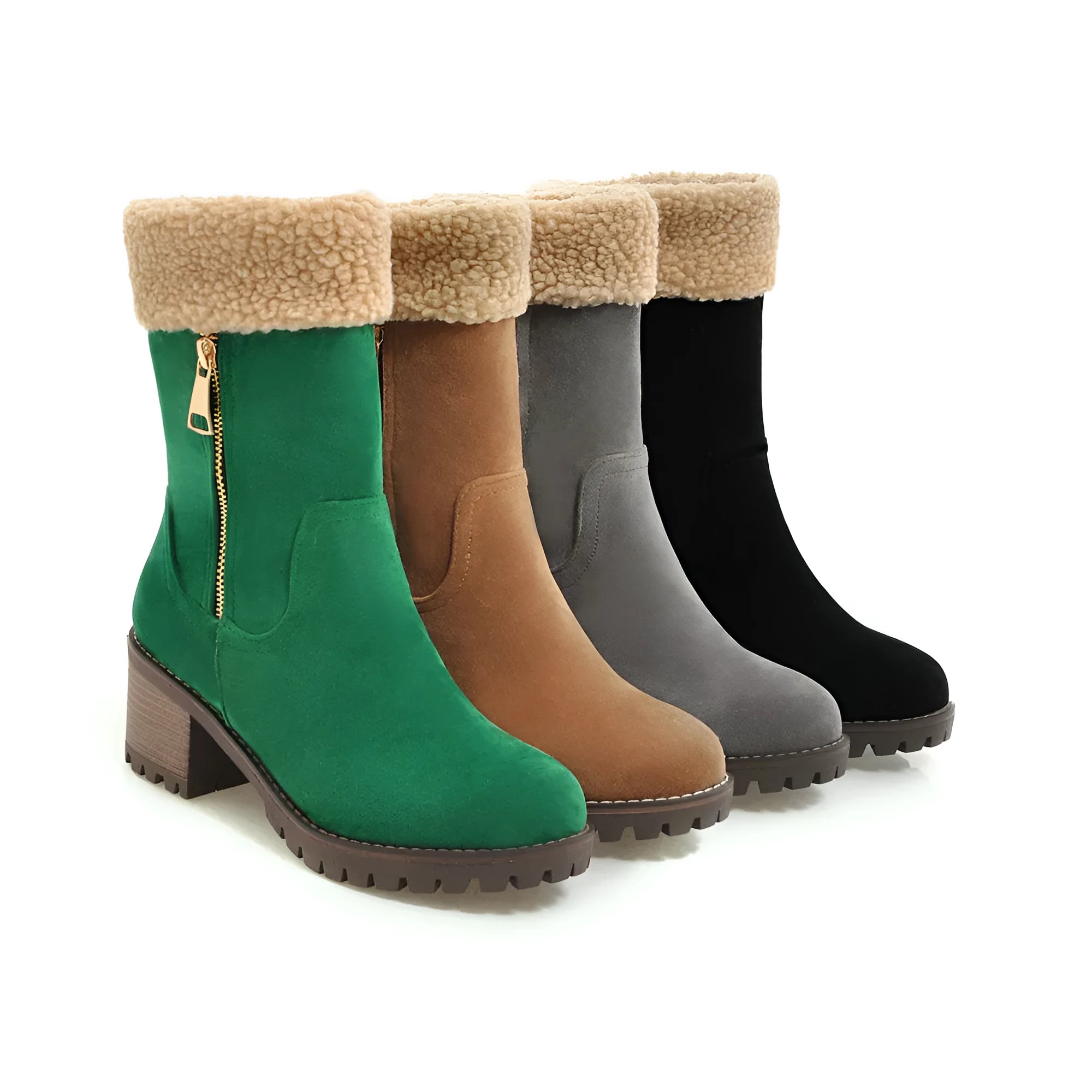 Snow boots with rubber outsoles and plush lining in black, grey, green and orange colour options
