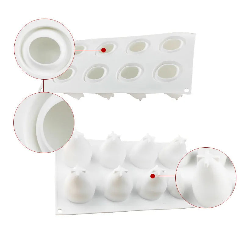 Silicone baking mould with six cavities shaped as pineapples and pine cones for mousse desserts