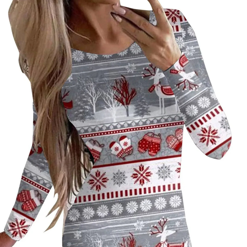 Women's tight-fit long sleeve Christmas dress with animal print in a floral colour, showing round neck and hip skirt.