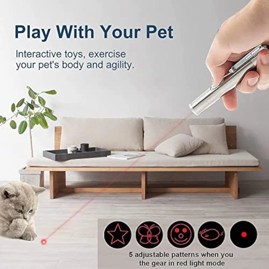 Silver aluminium alloy cat toy pointer wand with laser patterns for indoor pet play
