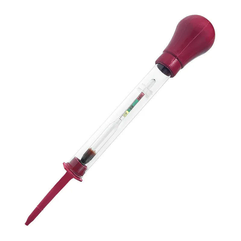 Glass automotive battery hydrometer with red and black units for electrolyte density testing