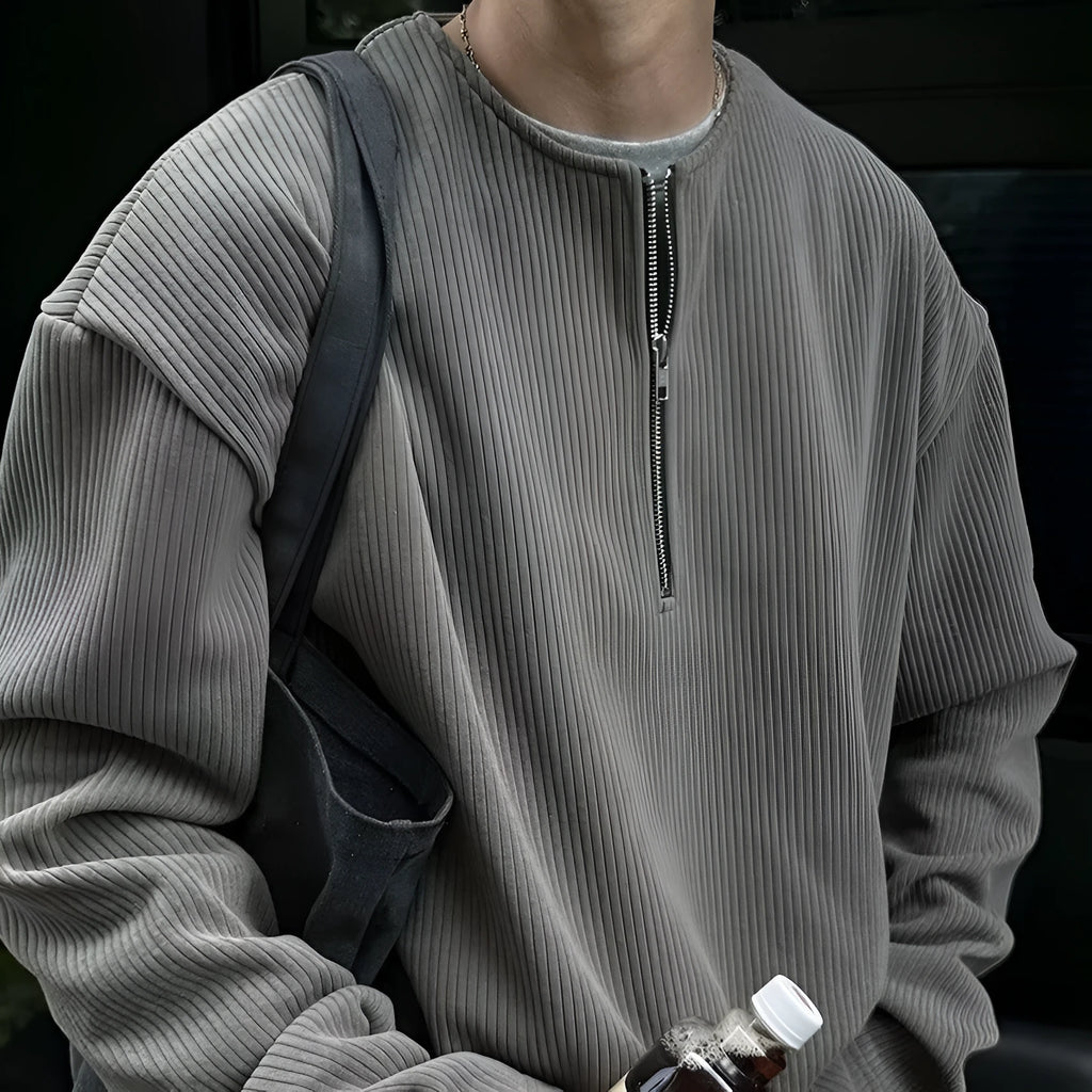 Grey loose-fit long sleeve polyester pullover top for early spring