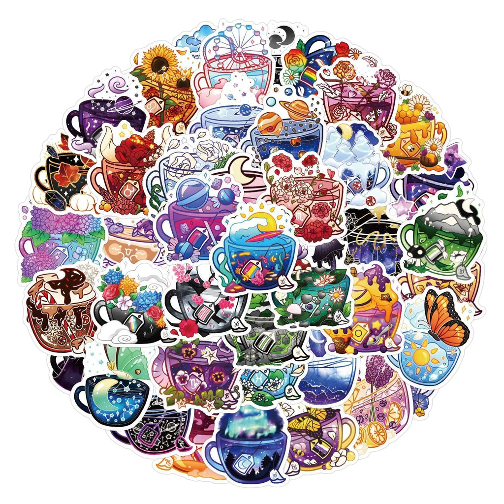 Pack of 50 colourful tea cup graffiti waterproof stickers in Nordic style for luggage and scooter DIY