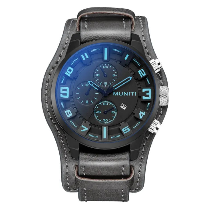MUNITI Munich men's quartz watch with black metal case, black dial, black PU strap, 48mm dial diameter