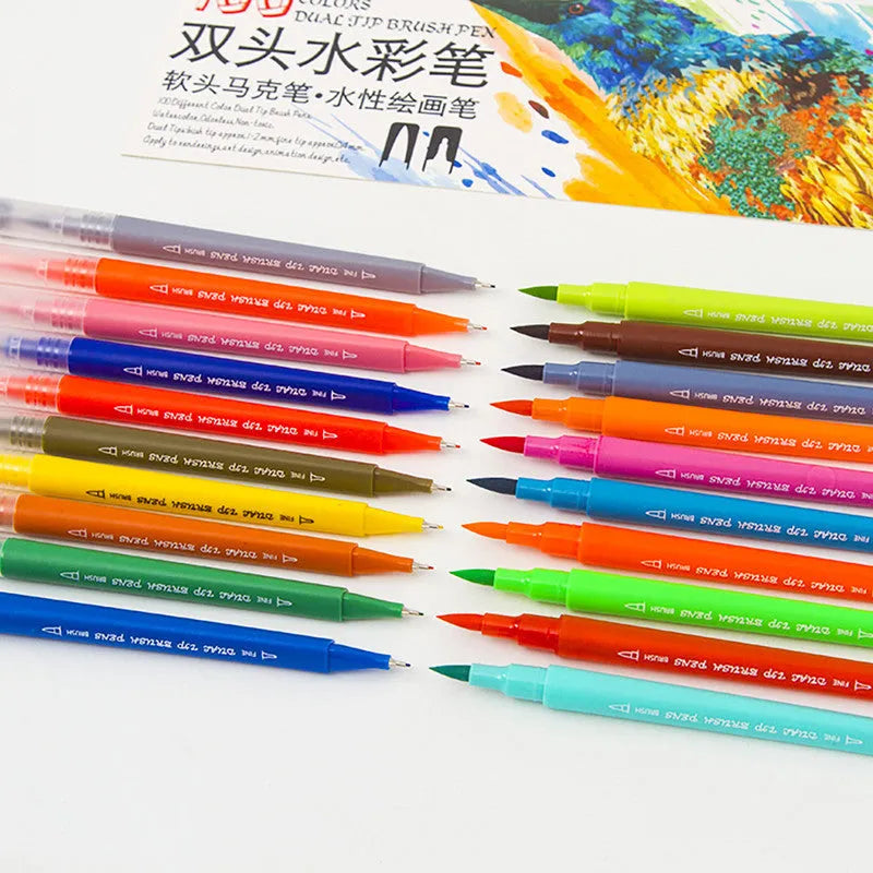 Set of 48 double-ended watercolour pens in a clear plastic PP storage box, showing the two-tip design.