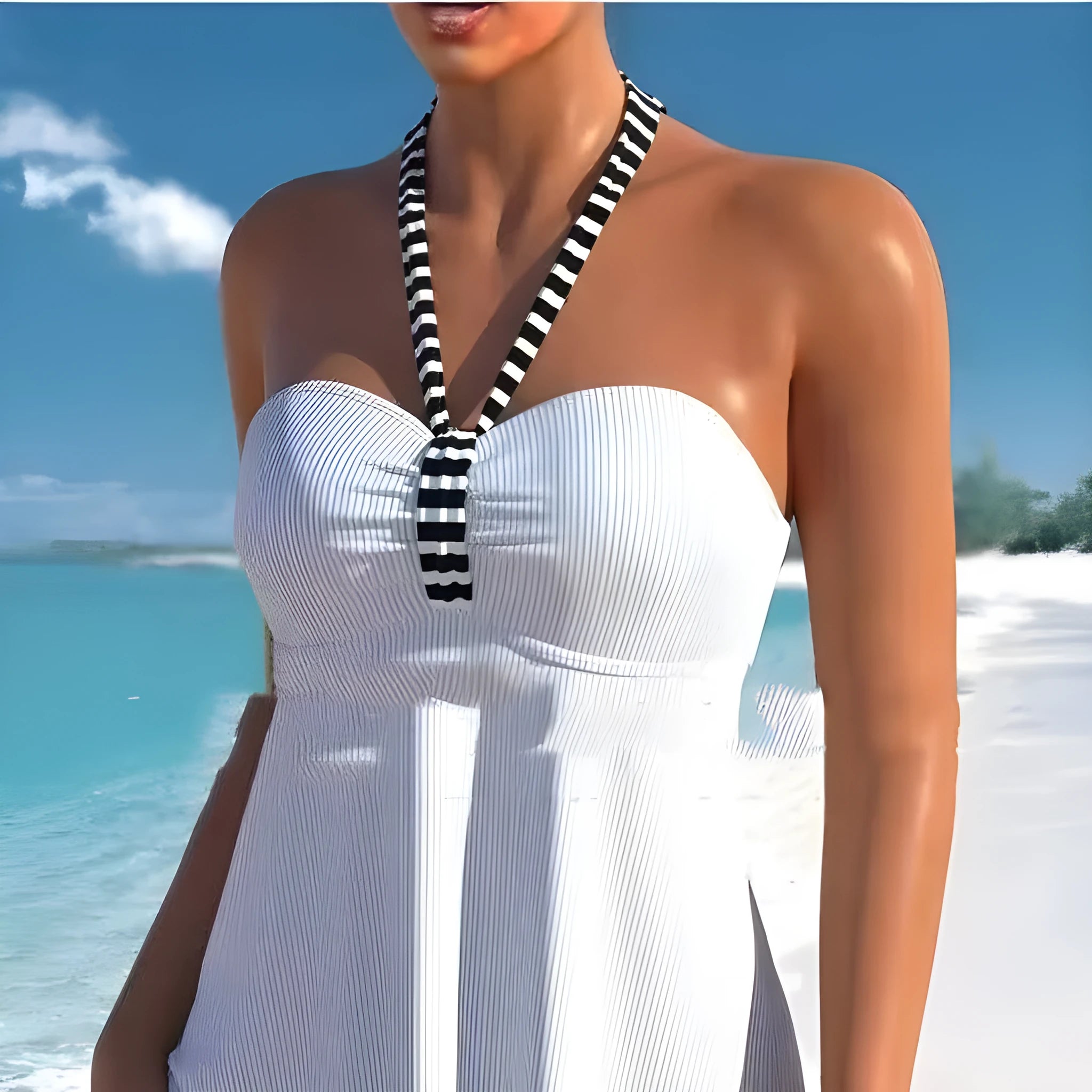 Women's off-shoulder swimsuit in briefs style with green, lake blue, white and striped colour options
