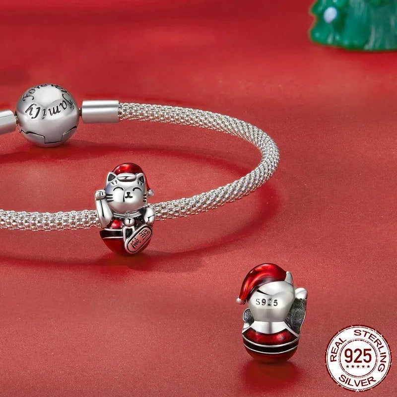 S925 silver lucky cat bead with dripping oil colour finish 1.35x0.9cm