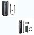 Baseus handheld car vacuum cleaner in black, white, or green next to a dust bin and blowing hose.