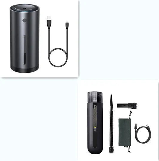 Baseus handheld car vacuum cleaner in black, white, or green next to a dust bin and blowing hose.