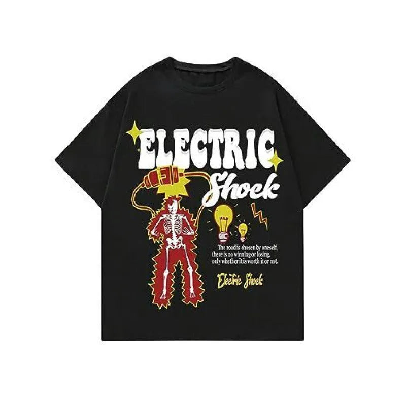 Men's grey short sleeve street T-shirt with abstract digital print, casual pullover style.