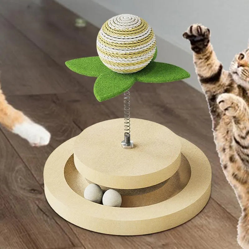 Green sisal cat scratching pad with interactive ball track and rotating spring ball toy