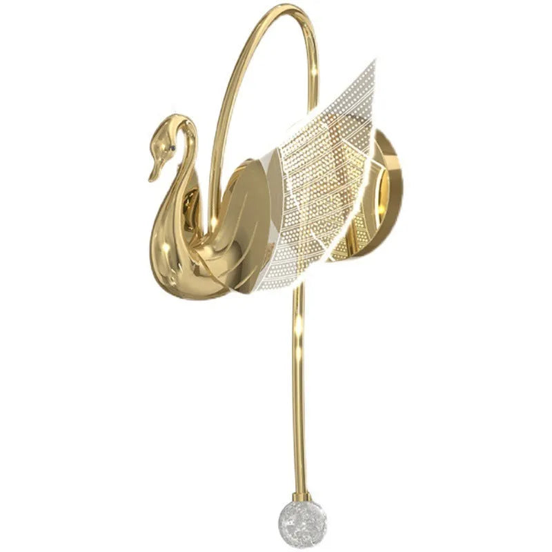Gold modern swan-shaped wall lamp with an acrylic shade and dimmable LED light.