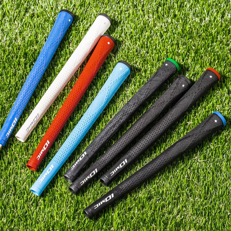 TPE material golf grip shown in various colour options including pink, red, and black.