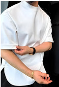 Men's white buttoned round hem short sleeve cotton T-shirt on a hanger.
