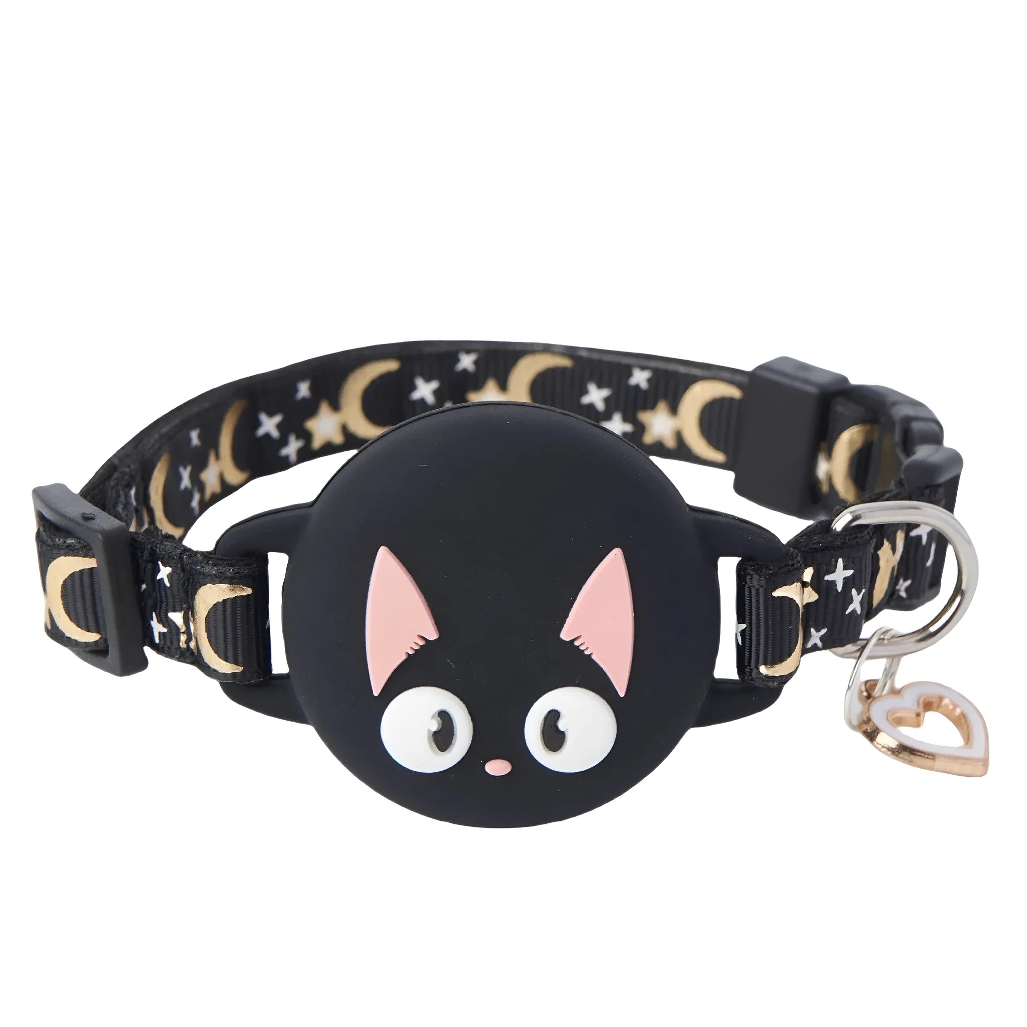 Adjustable plastic cat collar for Apple AirTag in pink, shown on a pink background.
