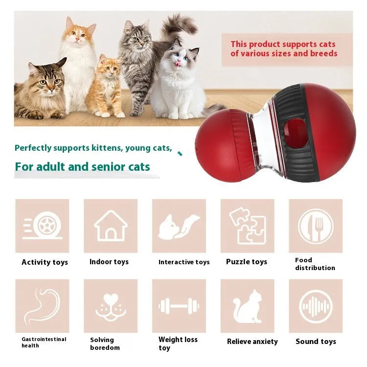 Rotating plastic cat toy ball with food dropping compartment and sound feature.