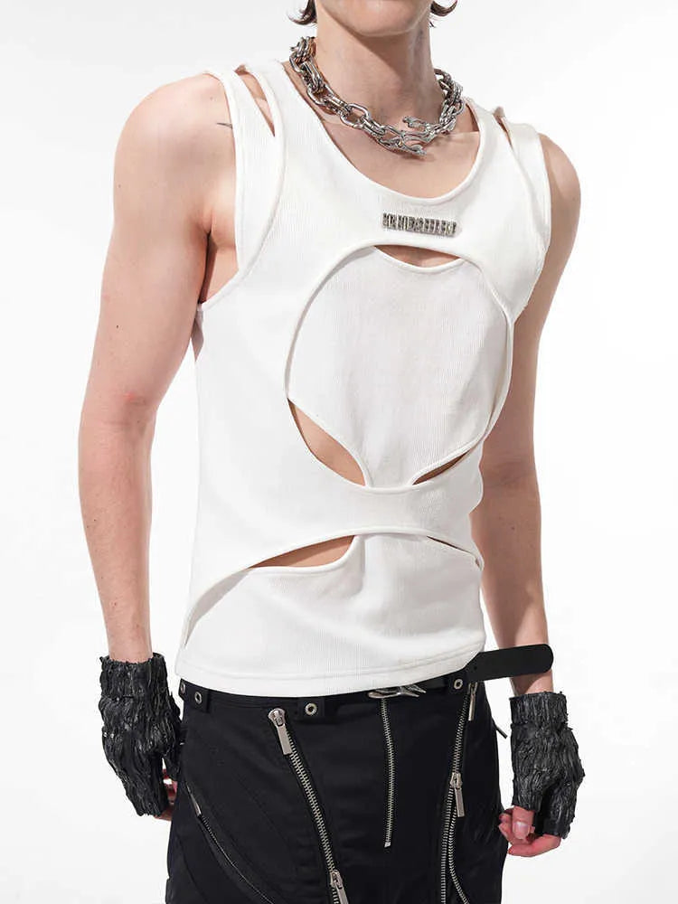 Men's sleeveless waistcoat in hollow knit cotton thread with round neck and loose fit
