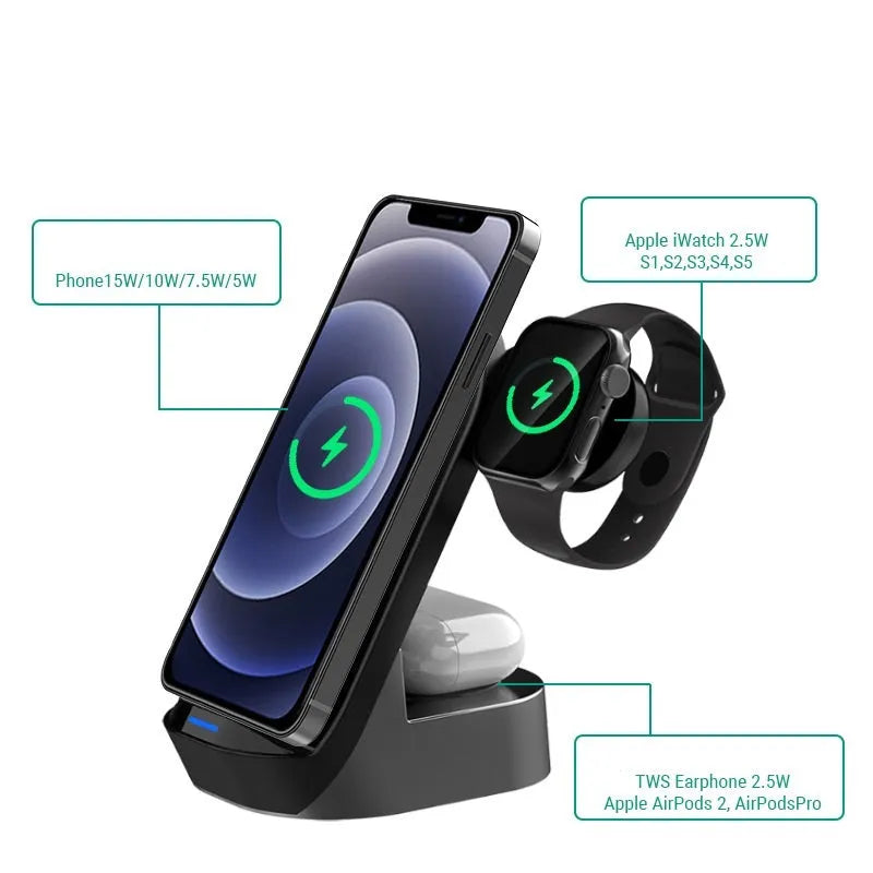 Black grey foldable 3-in-1 wireless charging stand for iPhone, Apple Watch and AirPods case.