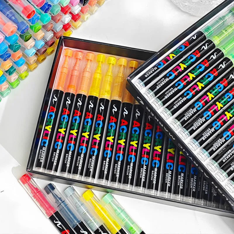 Set of straight liquid acrylic marker pens with soft felt tips, arranged by colour.