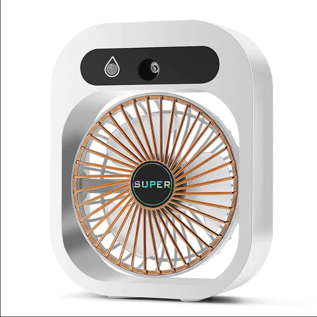 Green and white USB portable misting fan air cooler humidifier on a desk