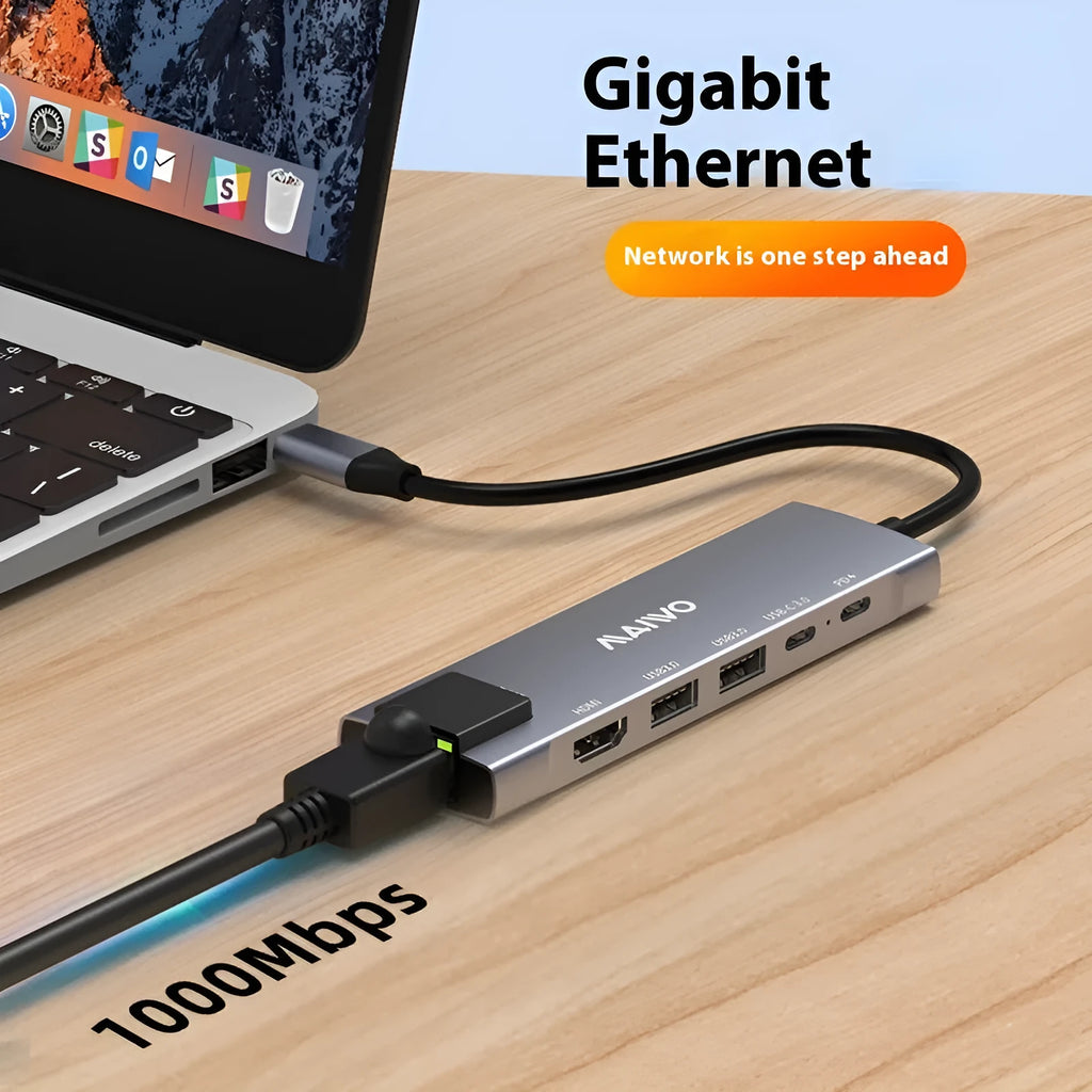 Steam Deck six-in-one aluminium docking station with 15cm cable, showing HDMI, USB, and Ethernet ports.