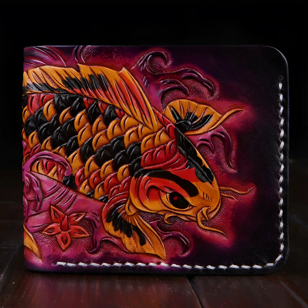Men's carved cow leather short wallet in red, shown open to display interior.