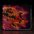 Men's carved cow leather short wallet in red, shown open to display interior.